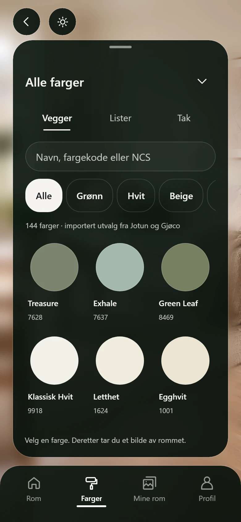 Romvalg-appen med hele fargekartet, søk og fargevalg for vegger, lister og tak.